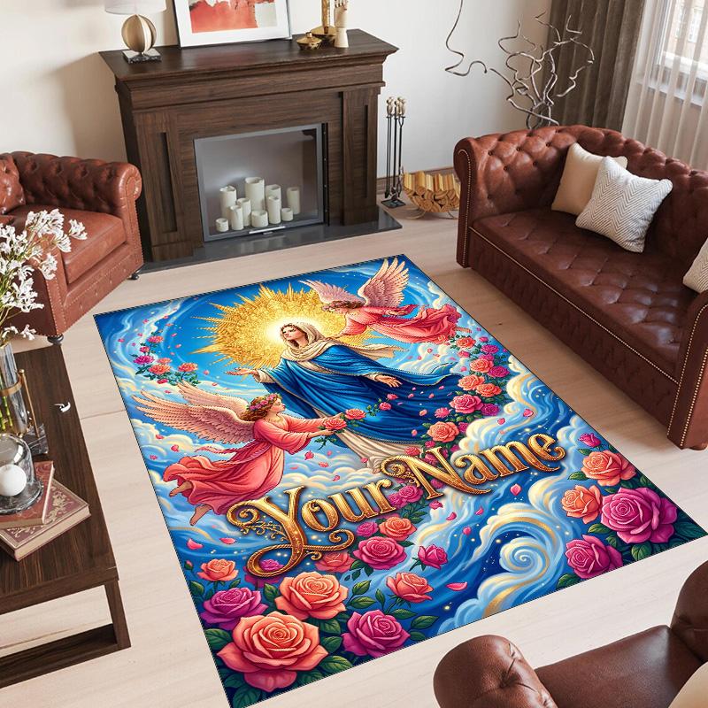 Virgin Mary Theme Crystal Velvet Rug Personalized Custom Name Text Soft Floor Mat Home Decor
