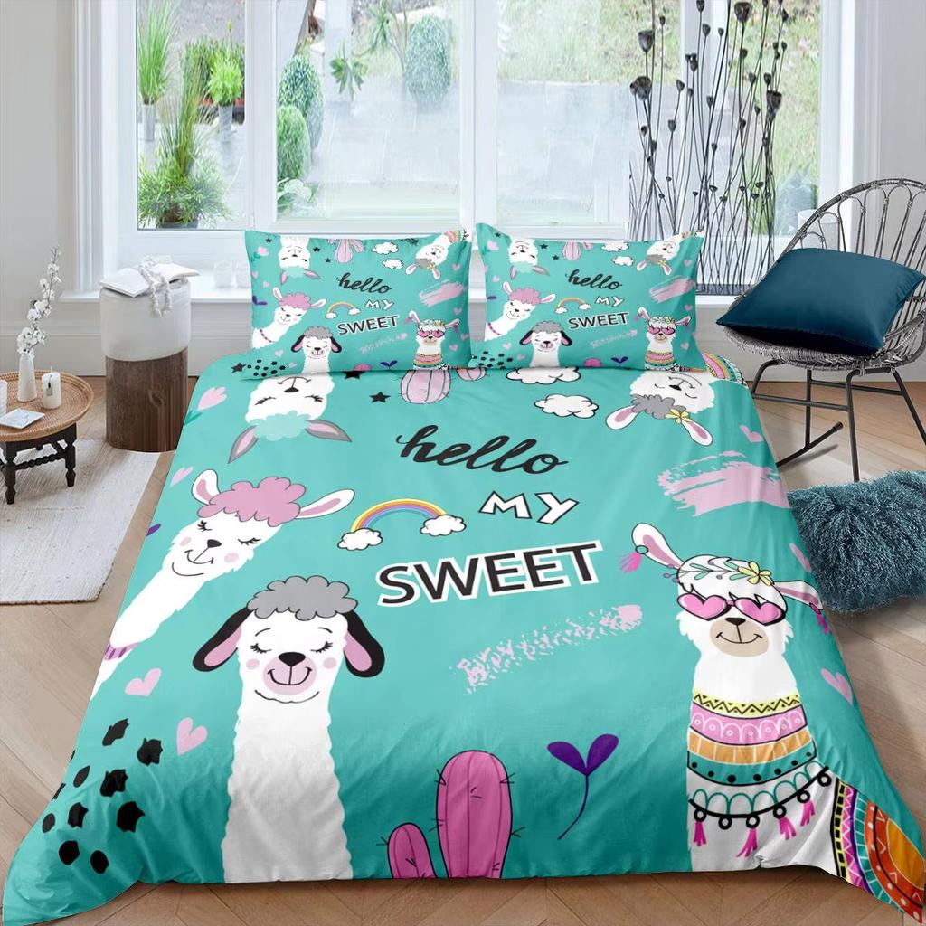 Alpaca Duvet Cover Set Boys Girls Cute Cartoon Animal Comforter Covers Kids And Teenagers Room Green Bedding 2/3 Pcs With Zipper