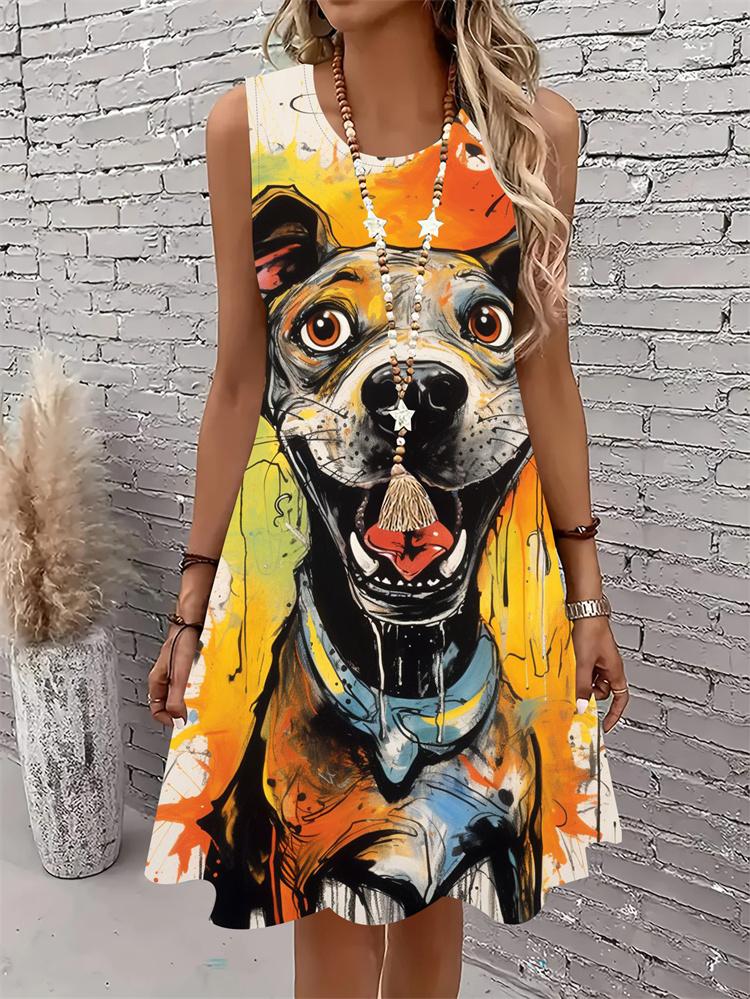 Lässiges Damen Tanktop-Kleid Sommer Ärmellos O-Ausschnitt 3D-Druck Locker A-Linien-Kleid Strand-Westenkleid