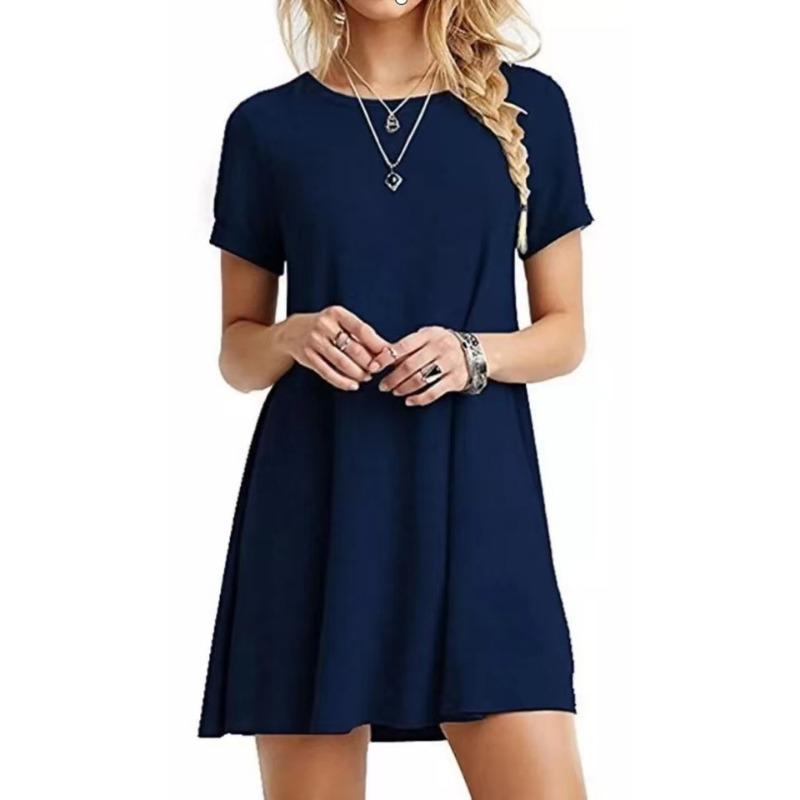YYFS Women's Fashion Summer Spring Solid Color Print Short Sleeve O-Neck Loose Waistlinet Casual Dresses