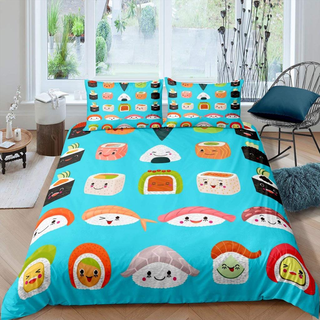 Japan Sushi King Queen Duvet Cover Marine Life Bedding Set Cartoon Japanese Food Quilt Cover Colorful Polyester Comforter Cover
