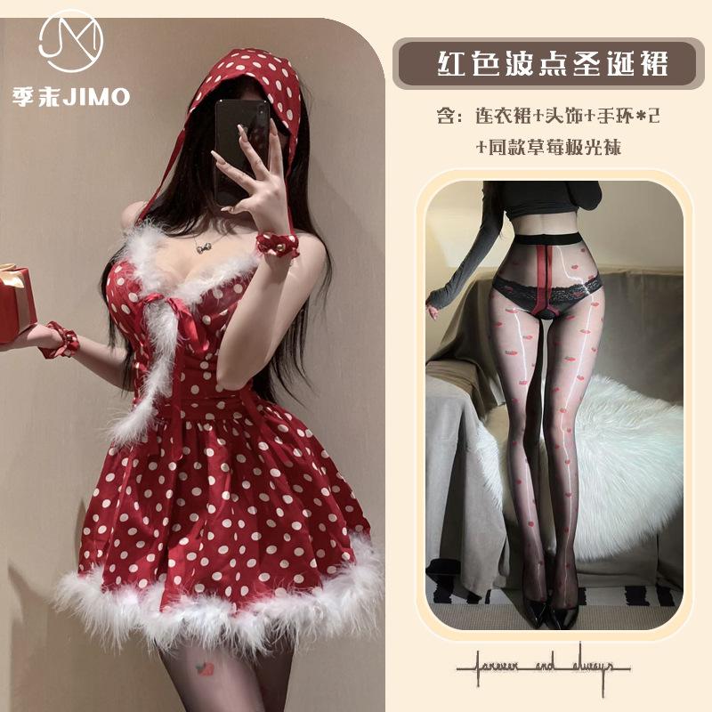 Sex underwear red polka dots Christmas atmosphere V-neck polka dots splicing fluffy princess dress pure desire