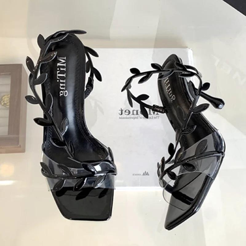 Fashion Fashion Square Toe Pvc Leaf Design High Heel Sandals Women Sexy Open Toe Thin High Heels 2025 Summer Ankle-Wrap Women Pumps