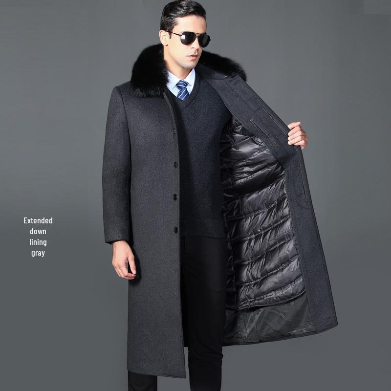 Men's Winter Wool Overcoat with Real Fur Collar and Detachable Liner - Knee-Length Jacket for Middle-Aged and Elderly