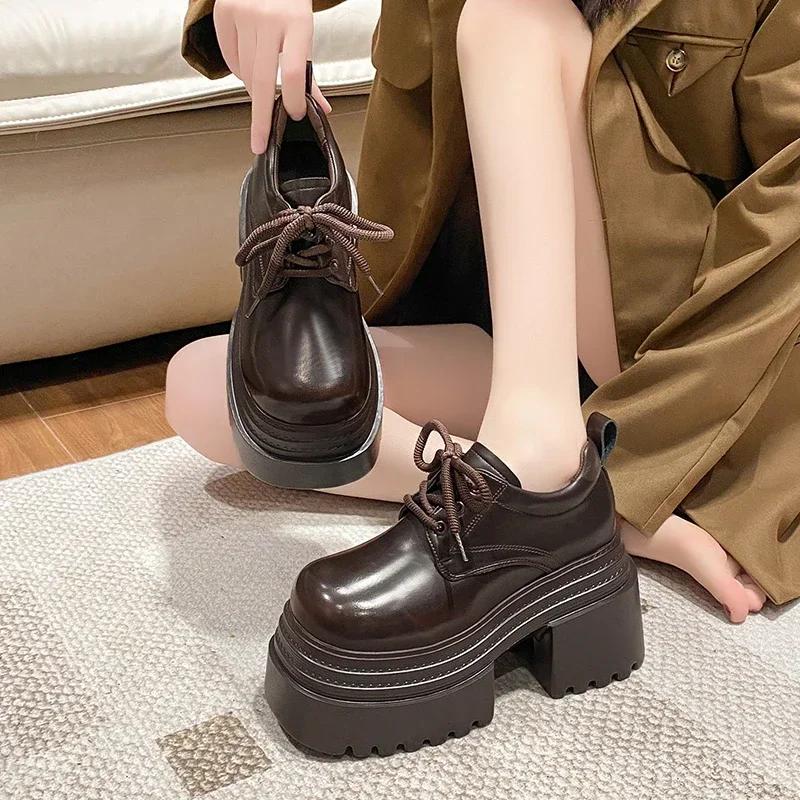 Fashion 10cm New 2025 Spring Women's Leather Sneakers High Platform Lace-up Casual Shoes Thick Sole Heels Walking Shoes Zapatos Mujer