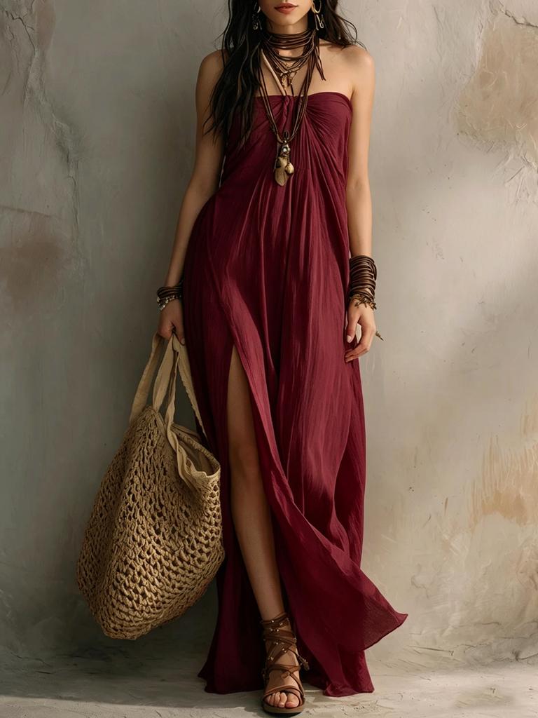 Vestido Maxi Boho Feminino Tomara-que-caia Tubinho Fenda Solto Casual Férias Longo de Praia