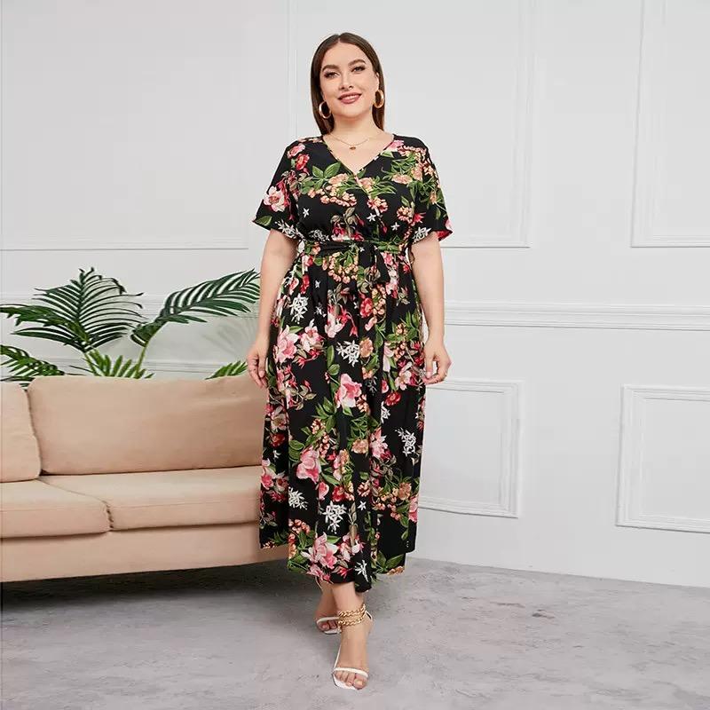 Plus Size V Neck Floral Print Boho Dress Women Summer Short Sleeve Maxi Dresses Holiday A-line Female Belted Dress