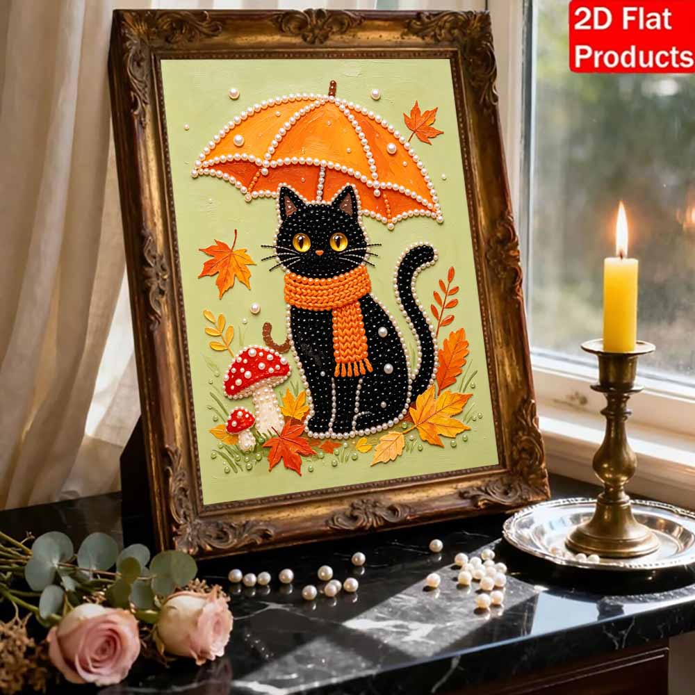 DIY Frameless Pearl Painting Kit Black Cat Autumn Umbrella Mushroom Leaves Pattern 3D Shiny Bead Art Canvas Relaxing Creative Craft Gift