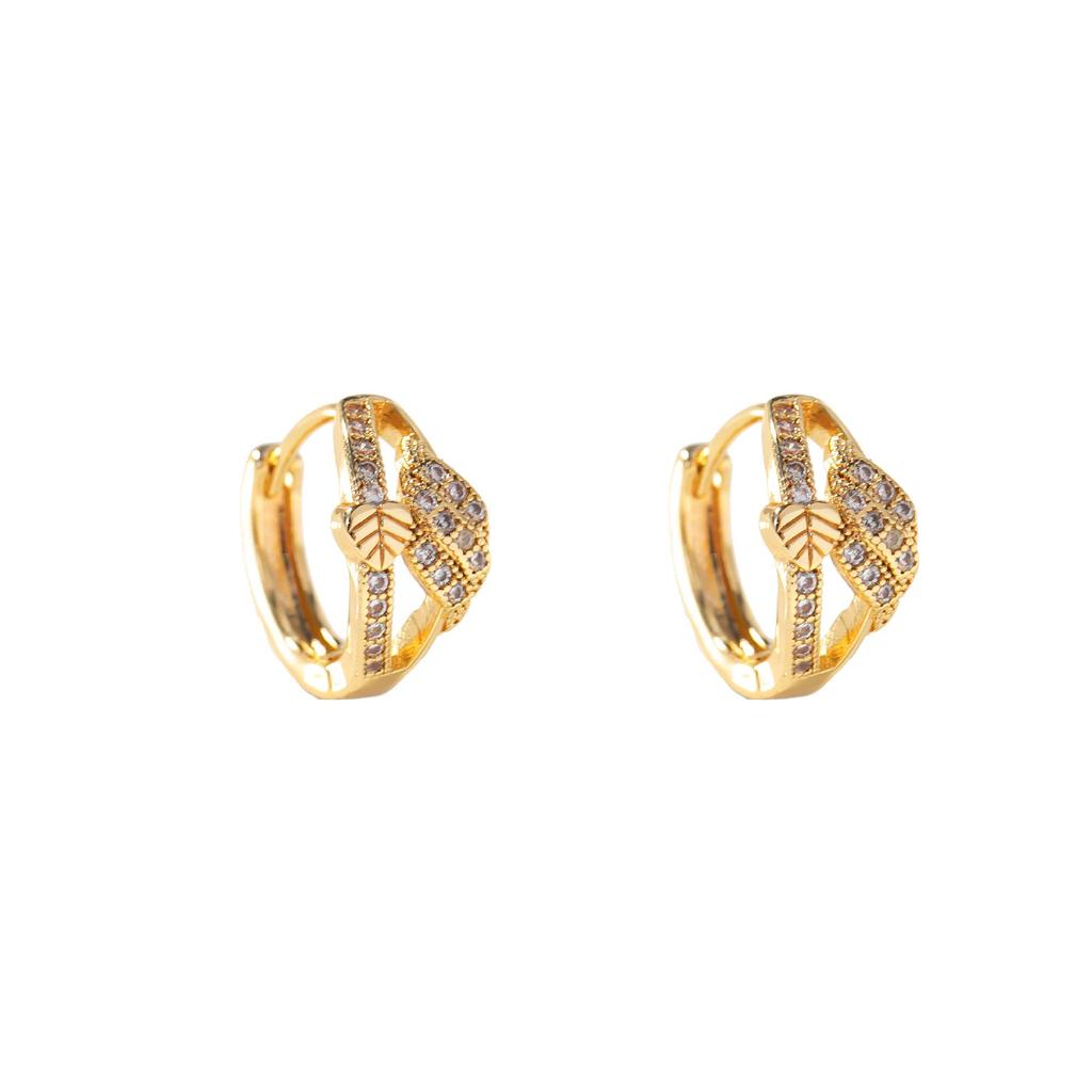 Gold-Plated Leaf Ear Cuff Earrings with Micro-Inlaid Zirconia Stones