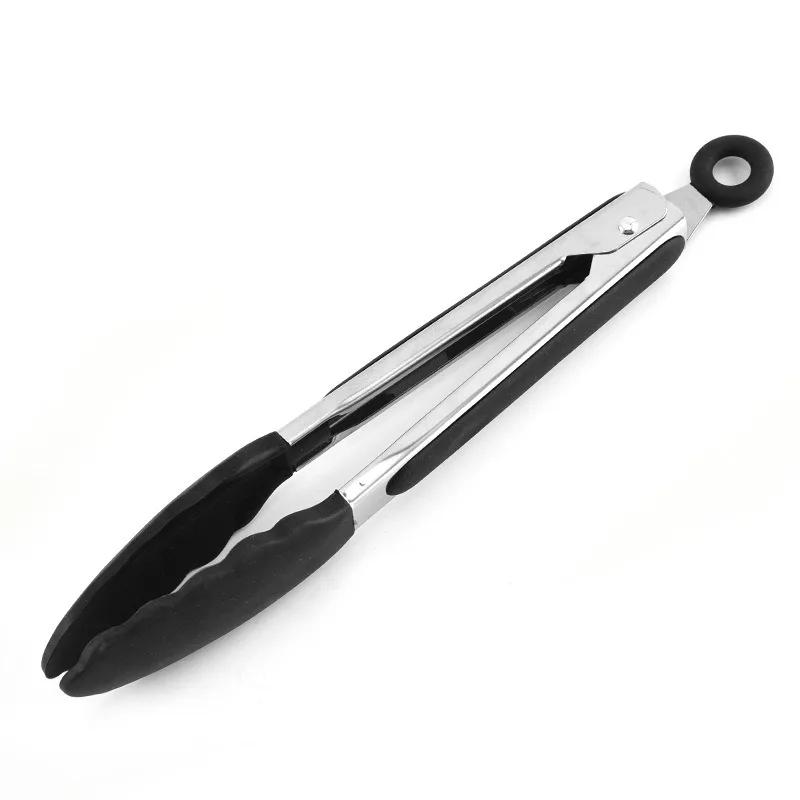 1 Pc Black Silicone Food Tongs, Stainless Steel Food Tongs Outdoor BBQ Clamps for Camping Kitchen Tongs for Baking Steak