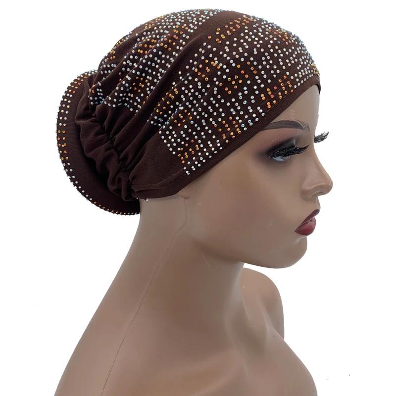 New Women Full Diamonds Donut Turban Cap Elastic Muslim Hijab Bonnet Hat Ladies Headband Turbans African India Caps