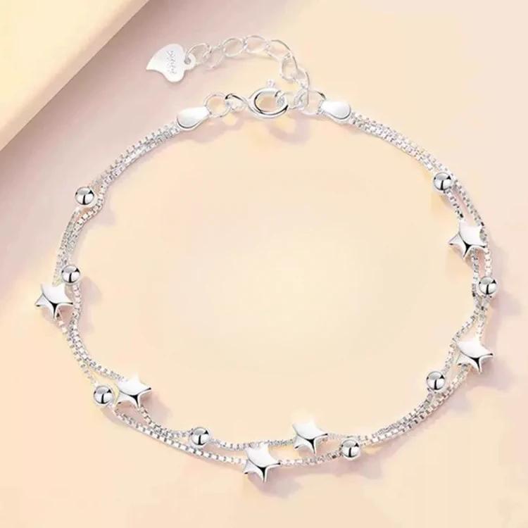 925 Silver Star Moon Bracelet Women Girls Vintage Korean Crystal Charm Jewelry Gift Sparkling Party Accessories
