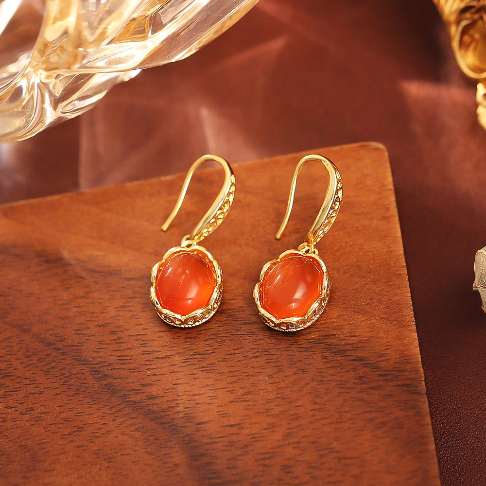 Elegant Gold-Plated Natural Stone Earrings for Women - Fashionable Autumn/Winter Style