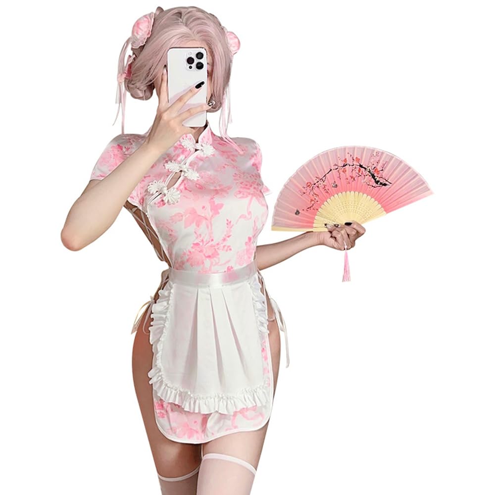 Maid Uniform Qipao Chinese Dress Costume Sexy Cosplay Pink Miniskirt Cosplay Halloween One Piece Short Sleeve Slit Extreme Exposure Erotic Temptation