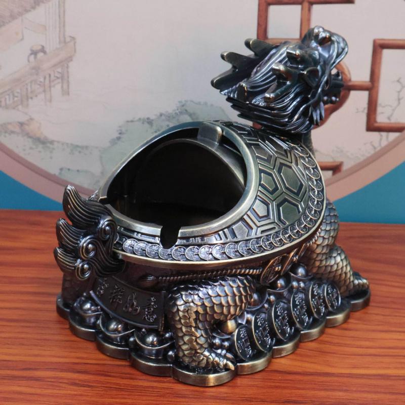 Vintage Creative Personality Auspicious Metal -drop Dragon Turtle Windproof with Lid Anti-flying Ash Large Ashtray
