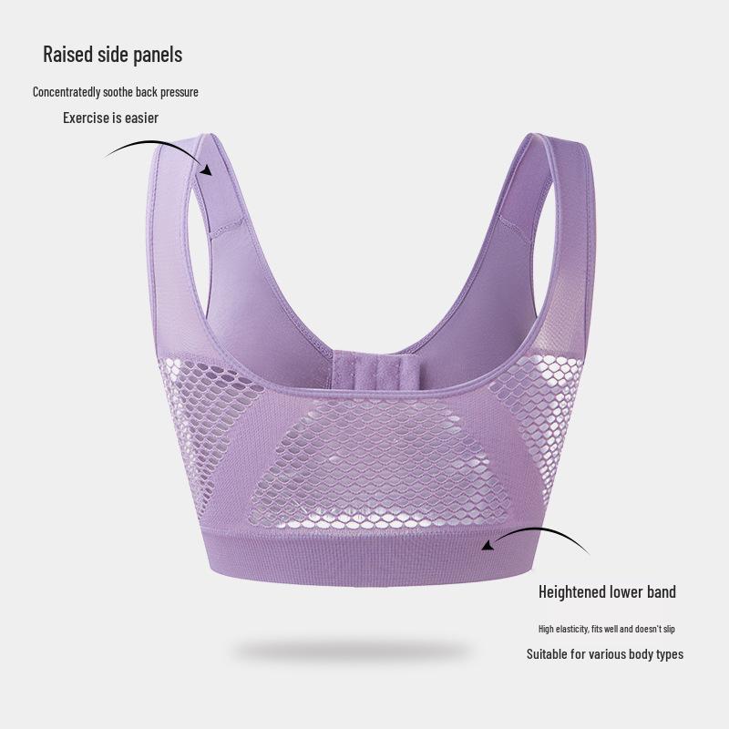 Women's Wire-Free Sports Bra with Front Closure - Shockproof, Gathering, and Beautiful Back Design. Plus Size Available.