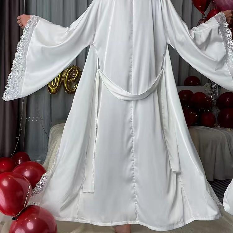 Elegant Black Lace-Trim Plus Size Robe with Belt – European & American Style Nightgown