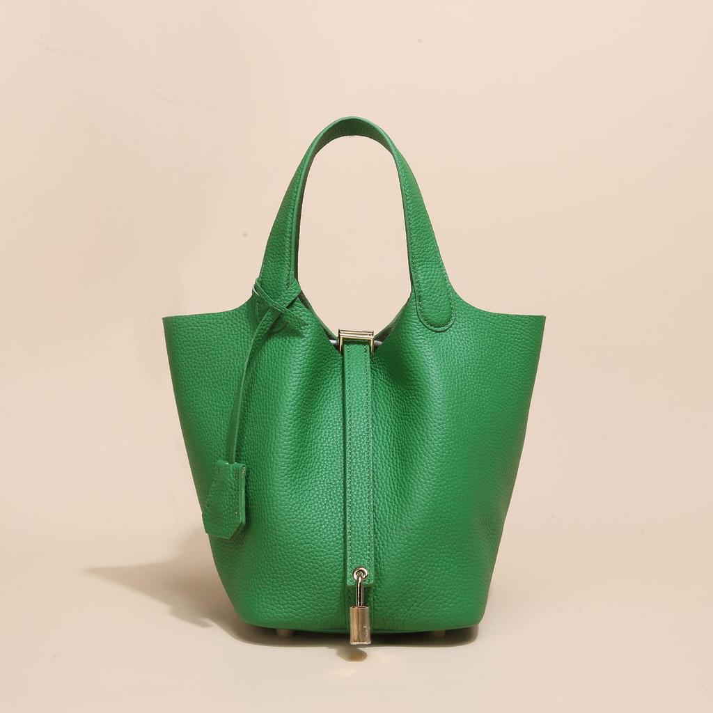 2024 kvinners ekte skinn Litchi-mønster bøtteveske - høst/vinter grønnsakskurv håndveske