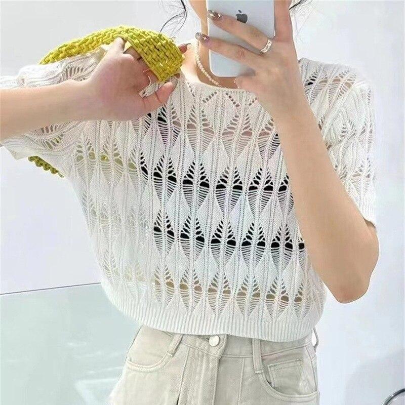 

Повседневная ажурная трикотажная рубашка из ледяного шелка, женская летняя тонкая рубашка с коротким рукавом и солнцезащитным кремом, вязаная блузка с круглым вырезом, укороченные топы 27860