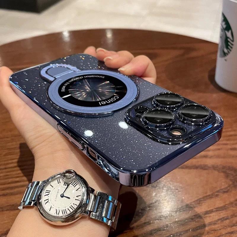 Applicable To IPhone17 Plating Flash Powder Leakage Mark Magnetic Suction Bracket Mobile Phone Case Apple 16pro Lens Film Protection Case