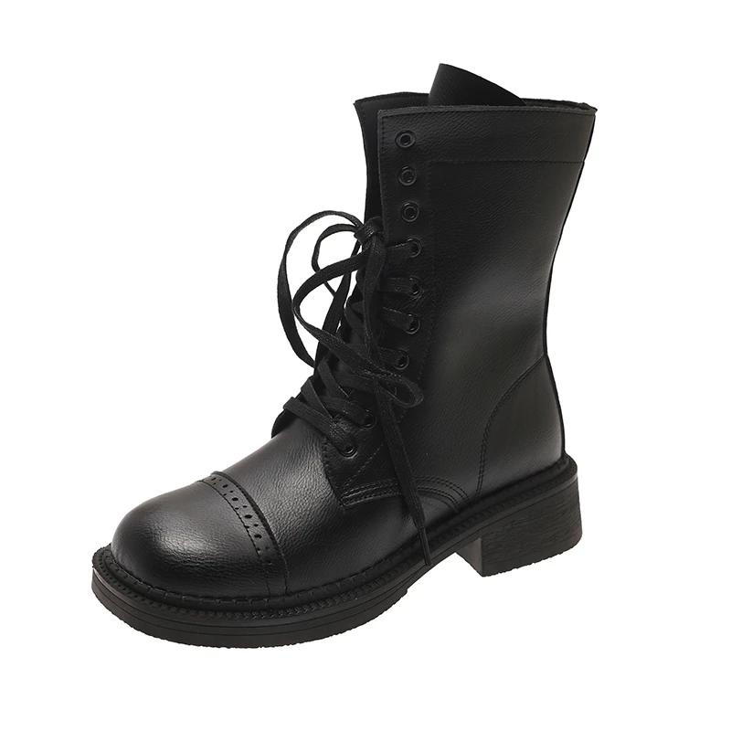 Women Mid Calf Boots Fashion Lace Up Platform Thick Heel Motorcycle Booties Retro Style Autumn Winter Female Shoes