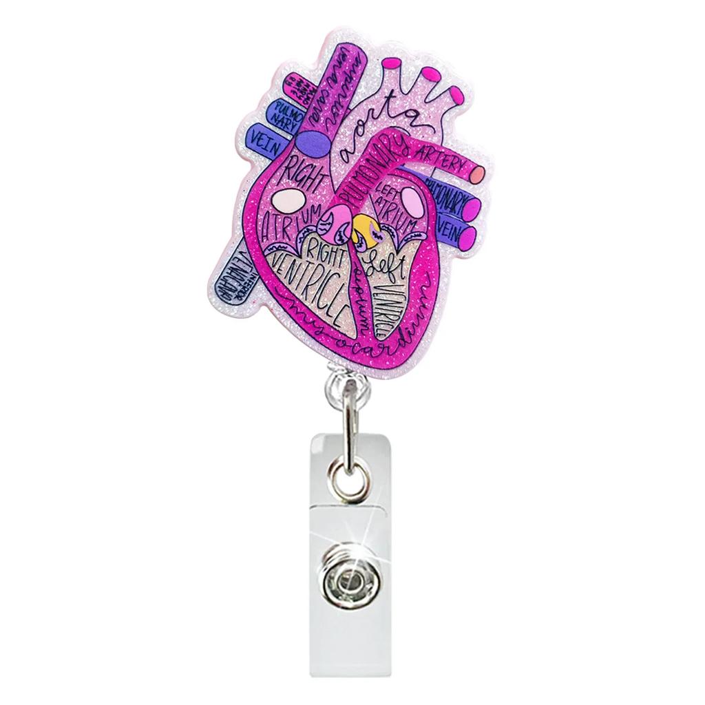 Heart Acrylic Glitter Elastic Clip Doctor Nurse Student Teacher Badge Holder Retractable Badge Reel