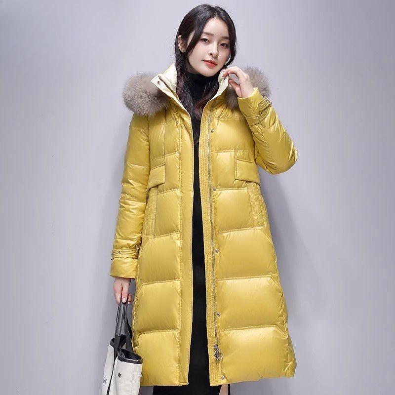 Snow Winter Girls Down Jacket Hooded Big Fur Collar Medium and Long Jacket Fashion Glossy Duck Down Top