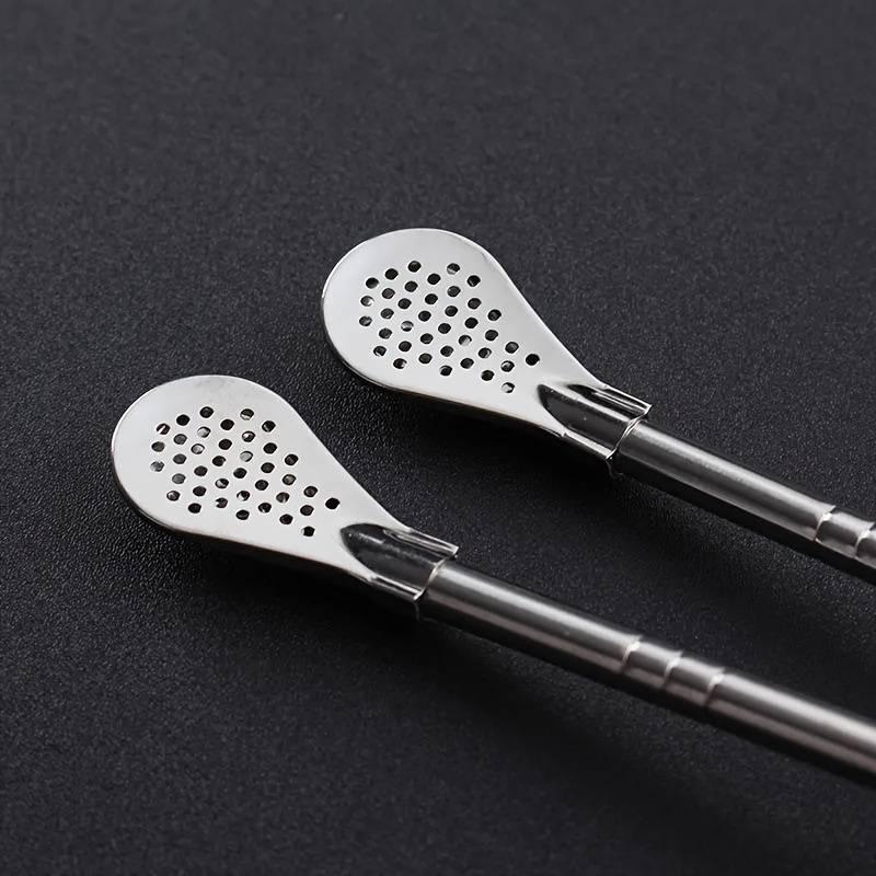 Stainless Steel Straw Spoon And Cleaning Brush, Drinking Spoon Straws With Filter, Metal Stirrer For Coffee Loose Tea Cocktail