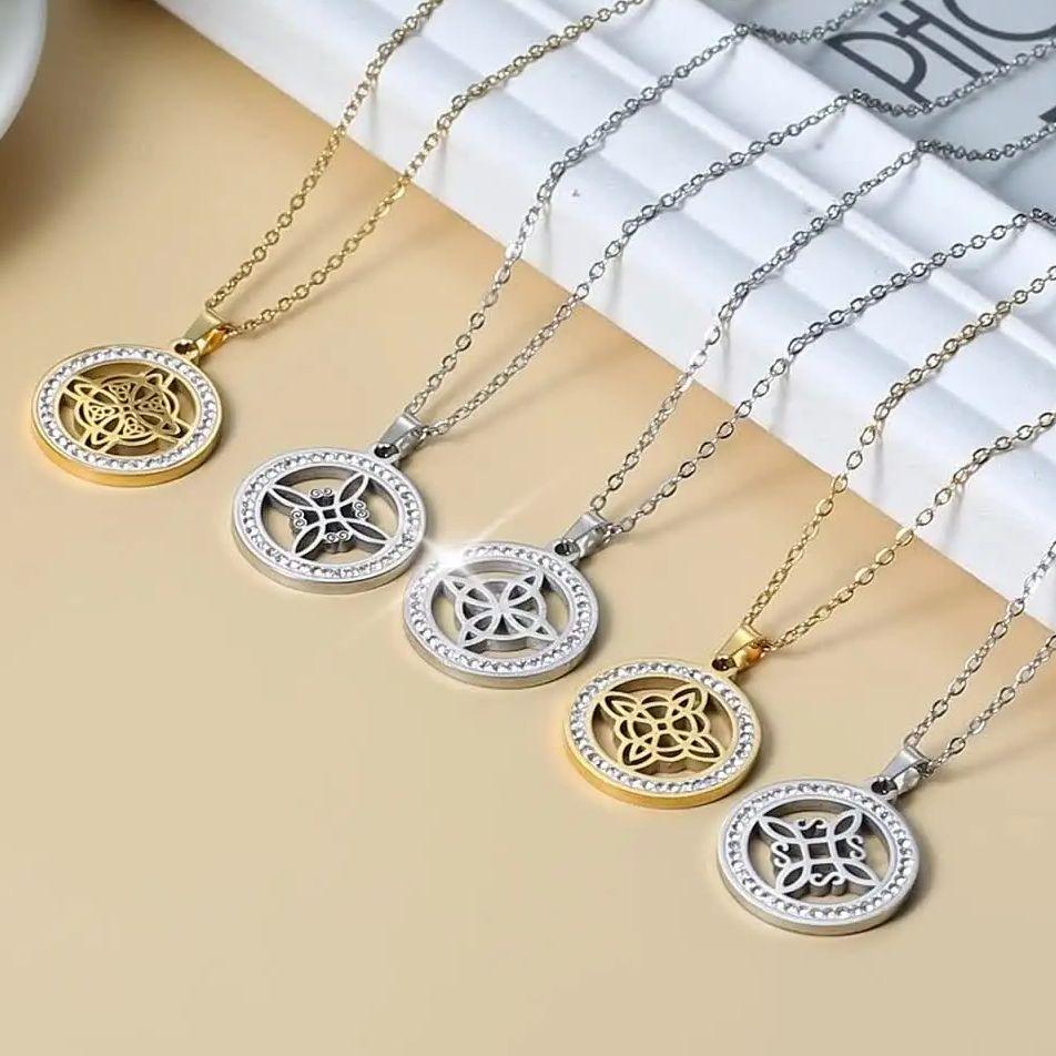 LIKGREAT Stainless Steel Celtic Witches Knot Zircon Round Necklace for Women Men Hot Selling Viking Wiccan Talisman Jewelry Gift