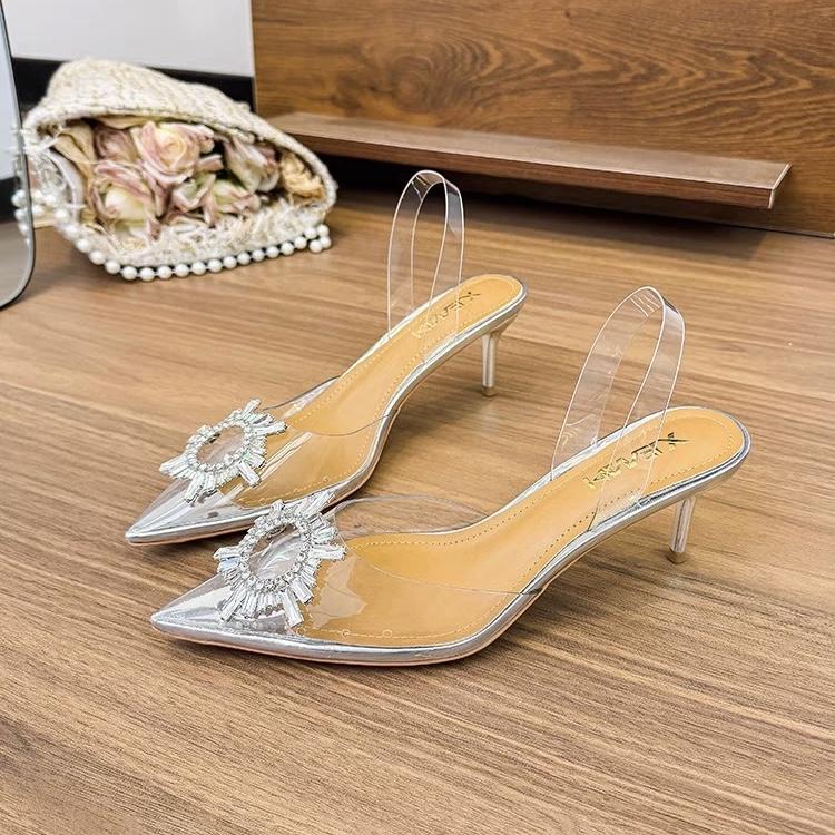 

Fashion Ins Super Popular Transparent Pvc Sexy See-Through Silver Pointed-Toe Sun Buckle Back Empty European And American Women S Sanda 40