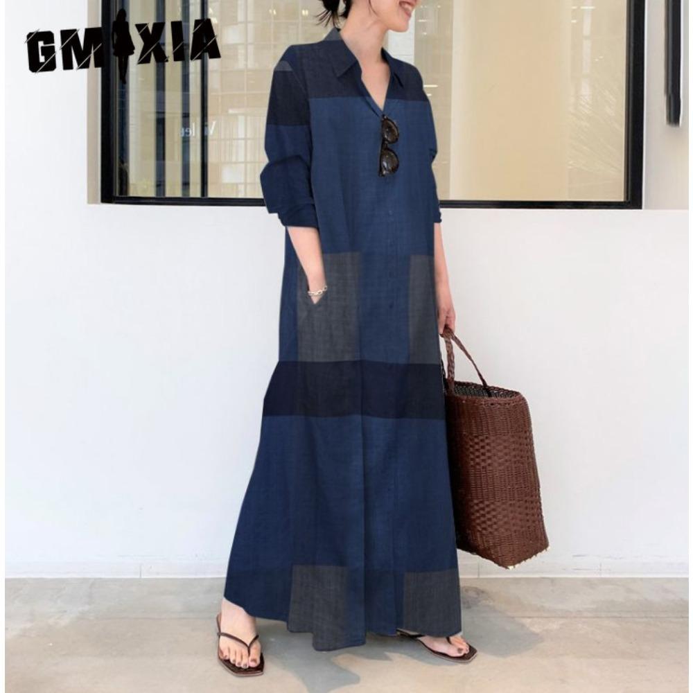 

GMXIA Женская мода лето весна клетчатый принт с длинным рукавом и v-образным вырезом повседневные платья 4XL темно-синий