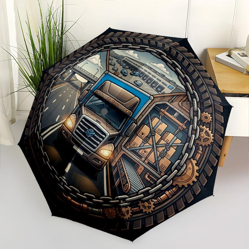 Logistics Transportation Pattern Umbrella, Portable and Foldable Design, 8 Ribs, a Casual Accessory for Halloween, Christmas, and Birthday Gifts.