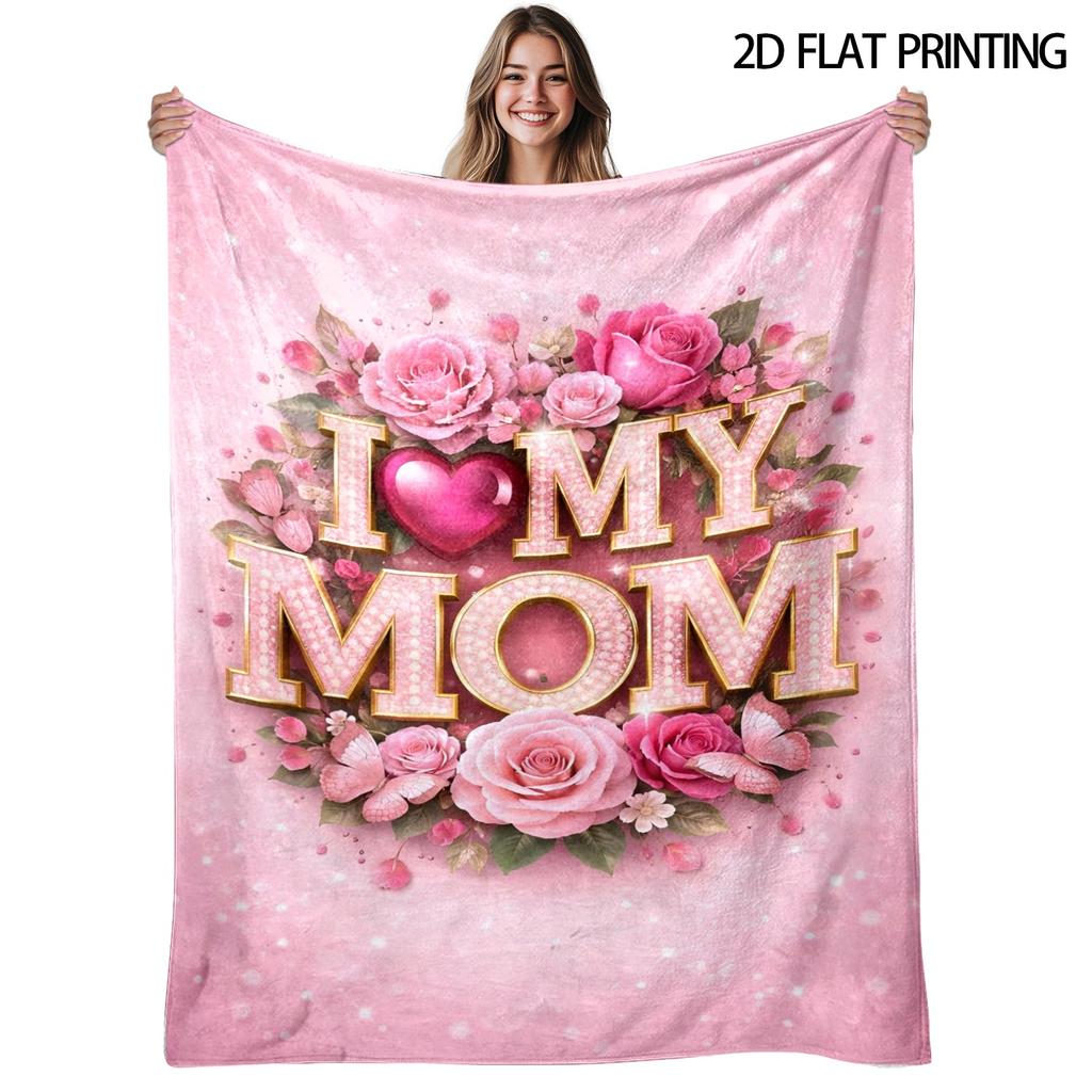 I Love My Mom Rose Butterfly Flannel Blanket, Soft Camping Nap Outdoor Throw for Home Travel Office, Valentine's Day Gift