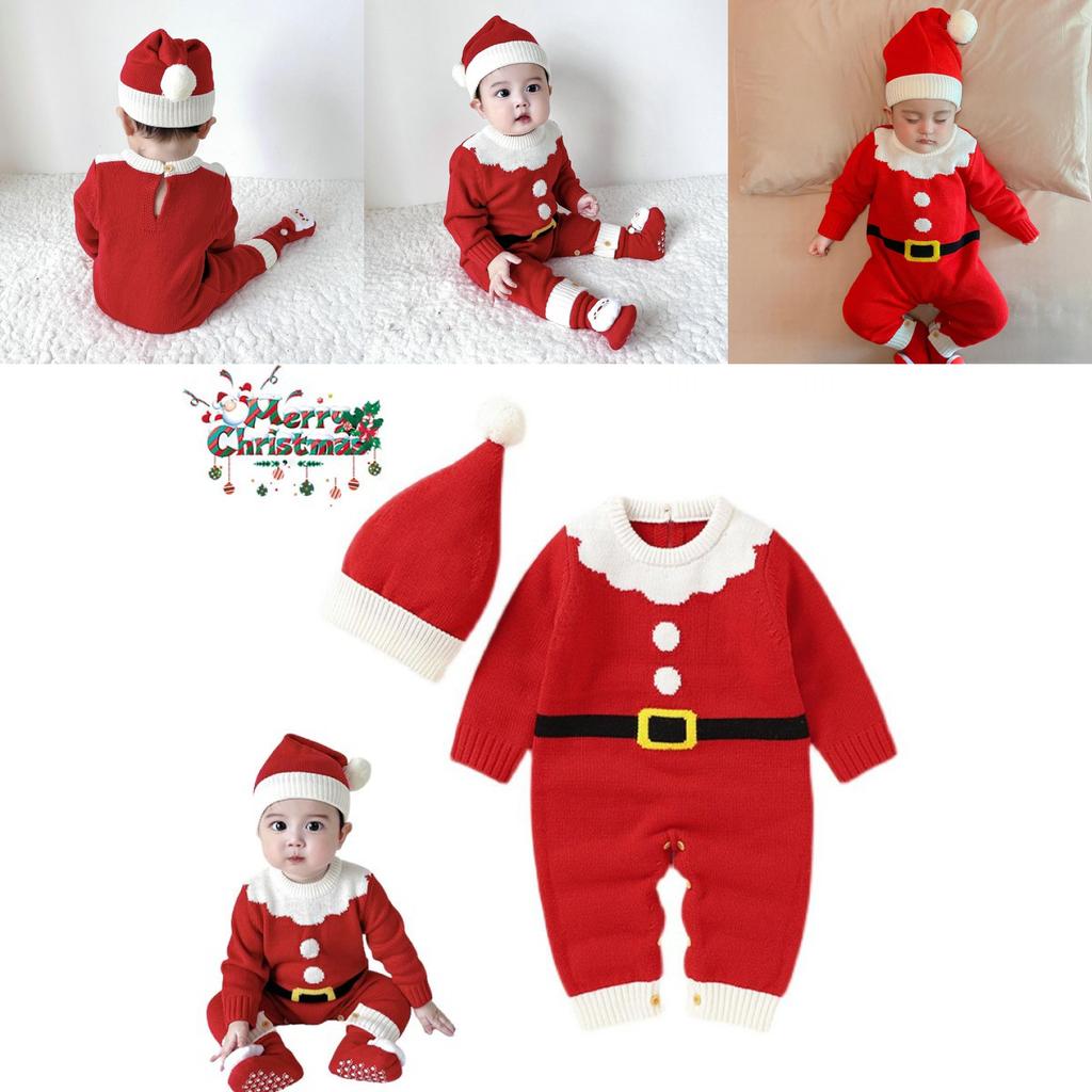 Adorable Christmas Baby Knitted Romper Jumpsuit Outfit W/ Santa Claus Sweater Hat