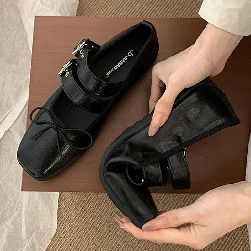 Fashion Vintage Square Toe Buckle Design Mary Jane Shoes Women Fashion Shallow Bow Brand Ballet Flats Comfortable Concise Casual Shoes