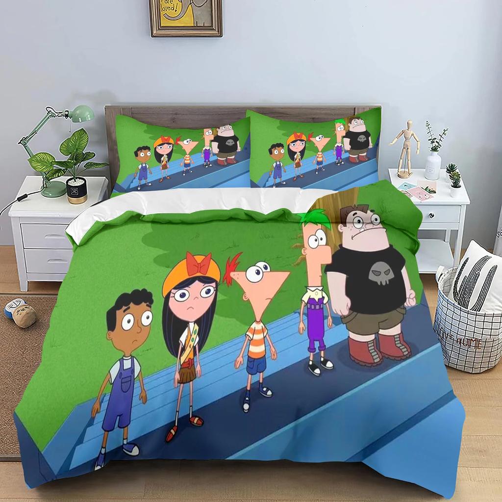 Phineas a Ferb Povlak na přikrývku, Kreslený potisk Polyesterová přikrývka do dětské ložnice, Anime, Útulné ložní prádlo do pokoje, Různé velikosti