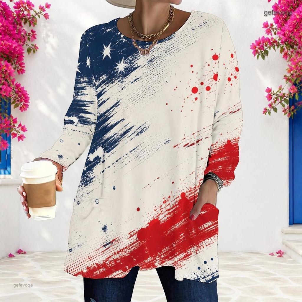 Ladies Plus Size Long Sleeve Pocket Tee Loose Relaxed Casual Everyday Leisure Blouse