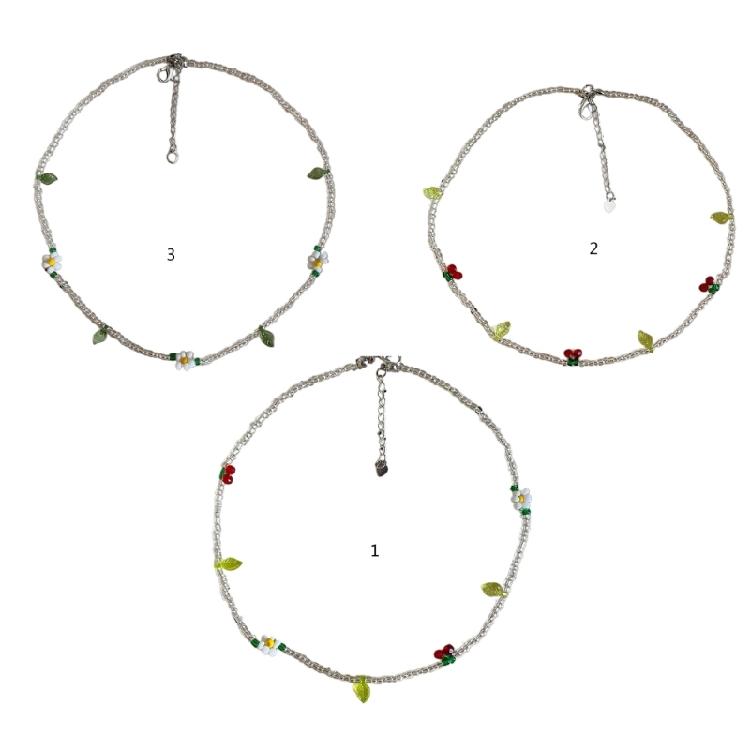 Colorful Beaded Necklace with Springtime Floral and Cherry Adjustable Neckchain Fashion Accessory for Everyday Wear