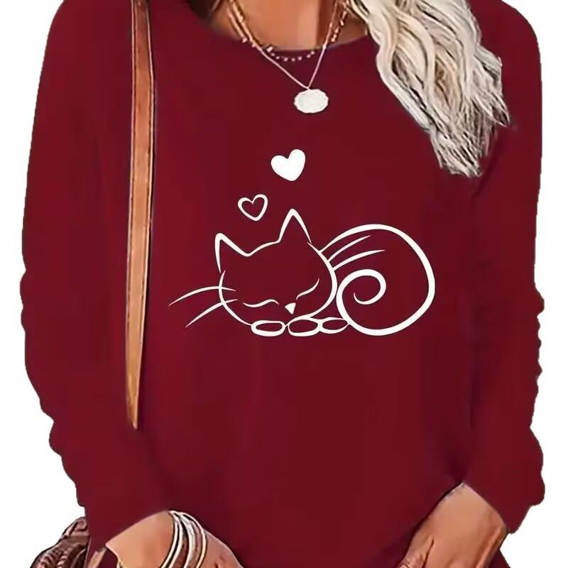 Women’s Cat Print Sweatshirt - Long Sleeve Pullover with Sleeping Kittens & Hearts