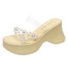 Summer new one-word strap transparent sexy high-heeled slippers women's waterproof table pearl slope heel cool slippers fashion