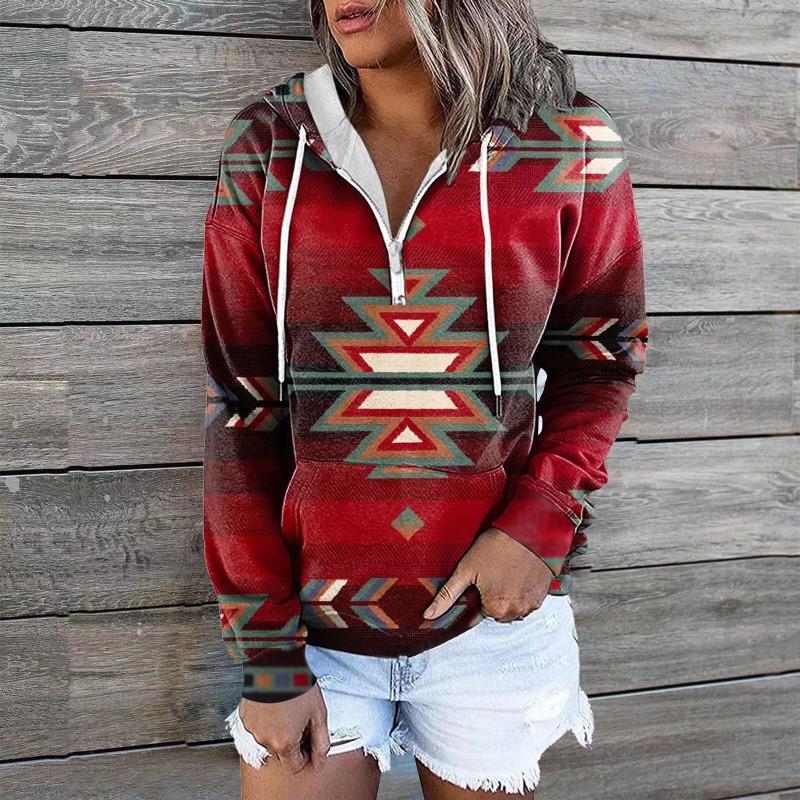 Autumn Winter Ethnic Tribe Hooded Hoodie Jacket Top Sweatshirts Women’s