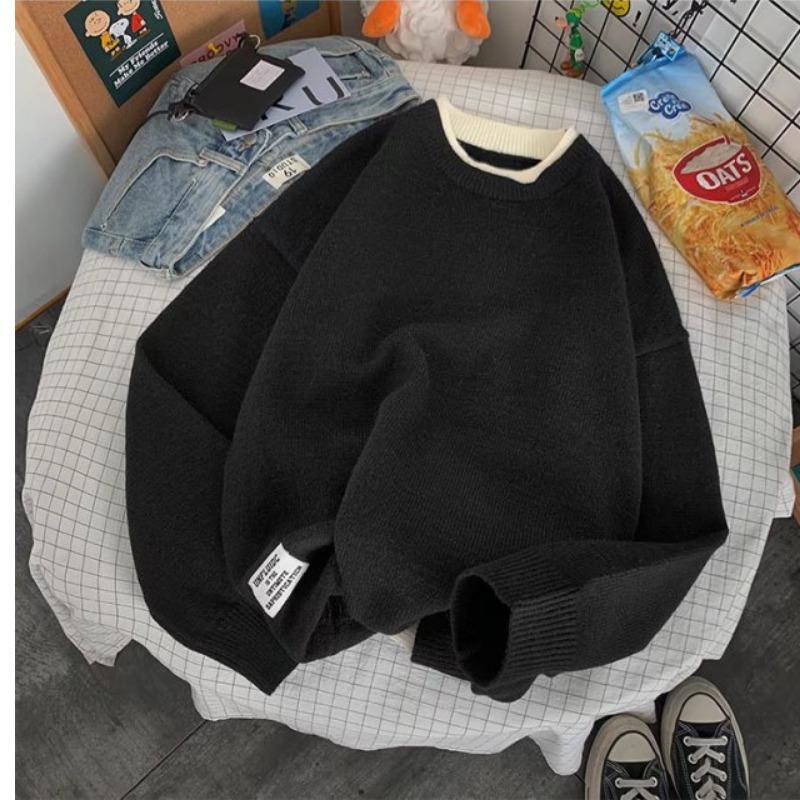 Pánský svetr ve stylu falešného dvoudílného svetru, volný a ležérní ve stylu Hongkongu, nový svetr s kulatým výstřihem, studentský svetr v korejském stylu