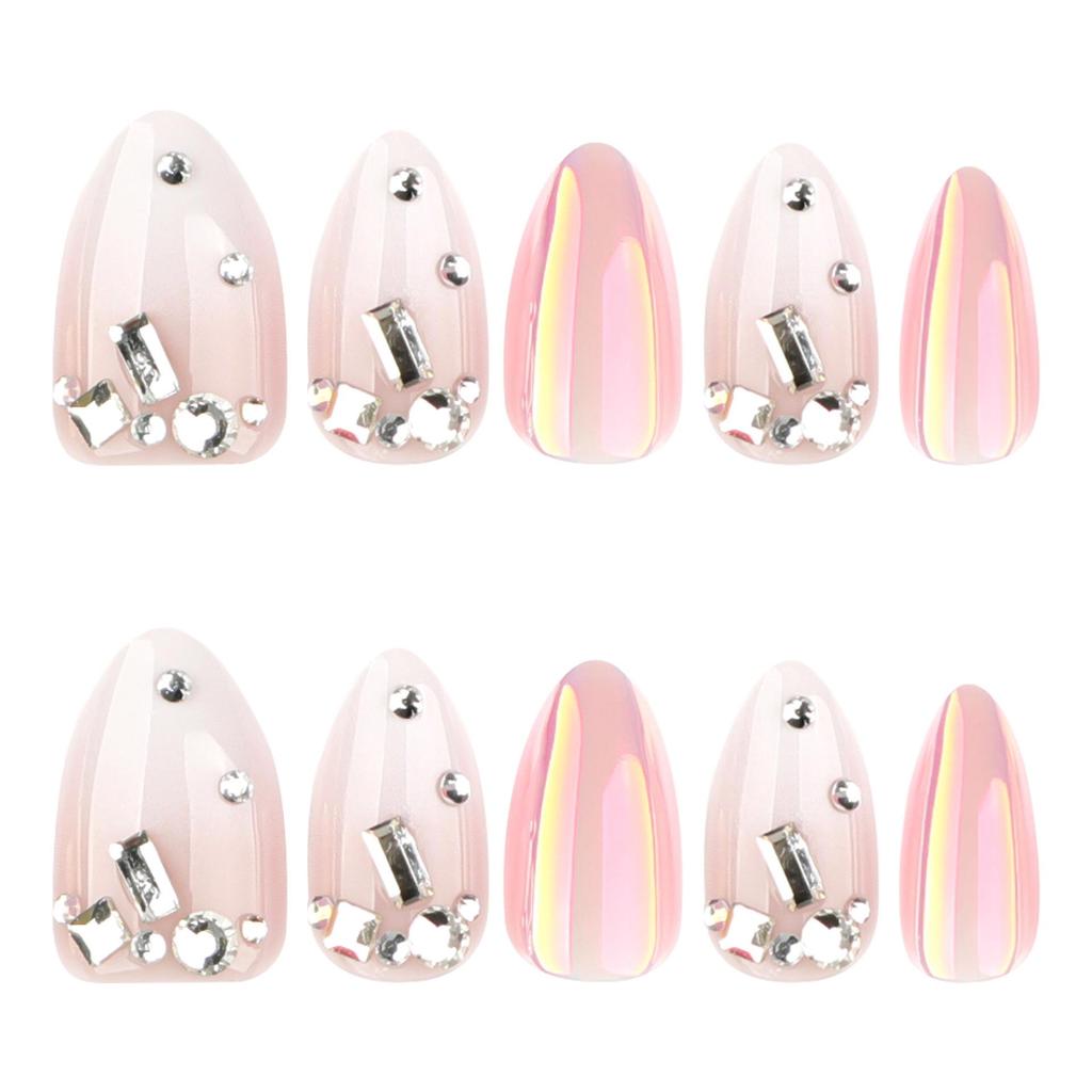 French White Gradient Rhinestone Almond-Shaped Fake Nails