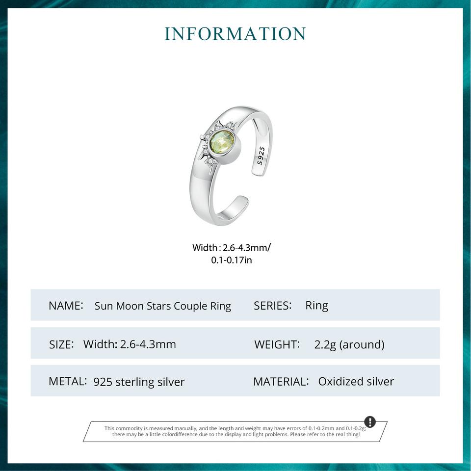 BAMOER 925 Sterling Silber Sonne und Mond Stapelbarer Öffnungsring Paarring für Frauen Schicker feiner Schmuck für Paare