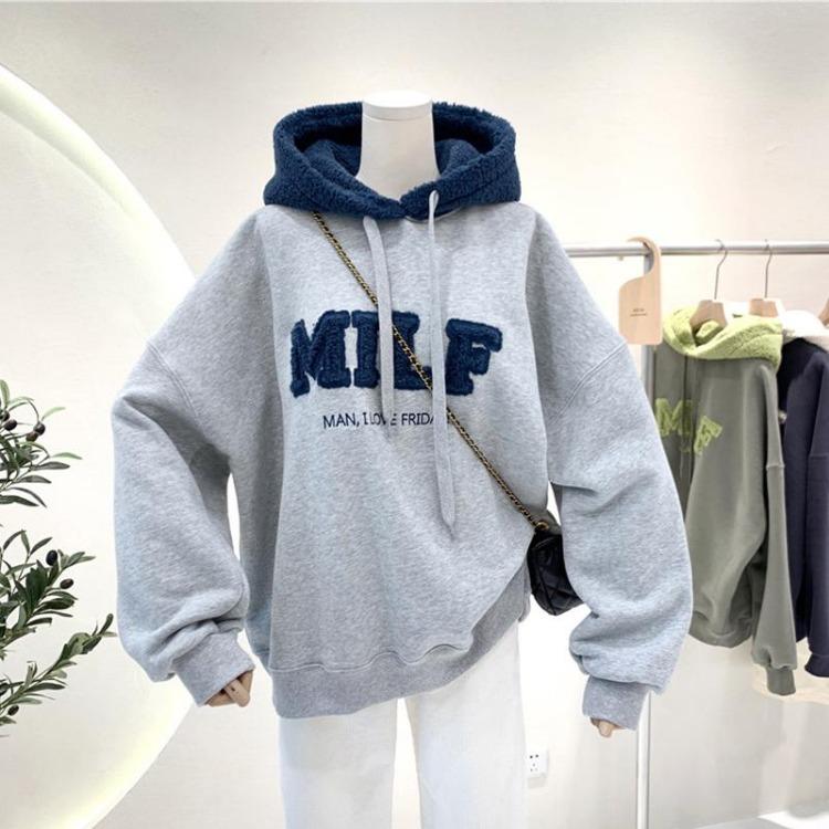 Thickened Padded Women's Loose Hooded Sweatshirt Faux Lamb Flannel Patchwork Clothing