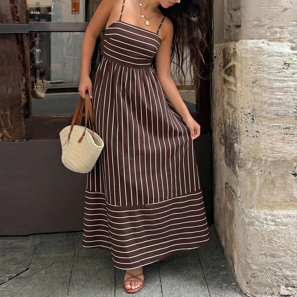 Women Striped Maxi Dress Sleeveless Spaghetti Strap Backless Waist Cinched Casual Summer Dress for Vacation Beachwear