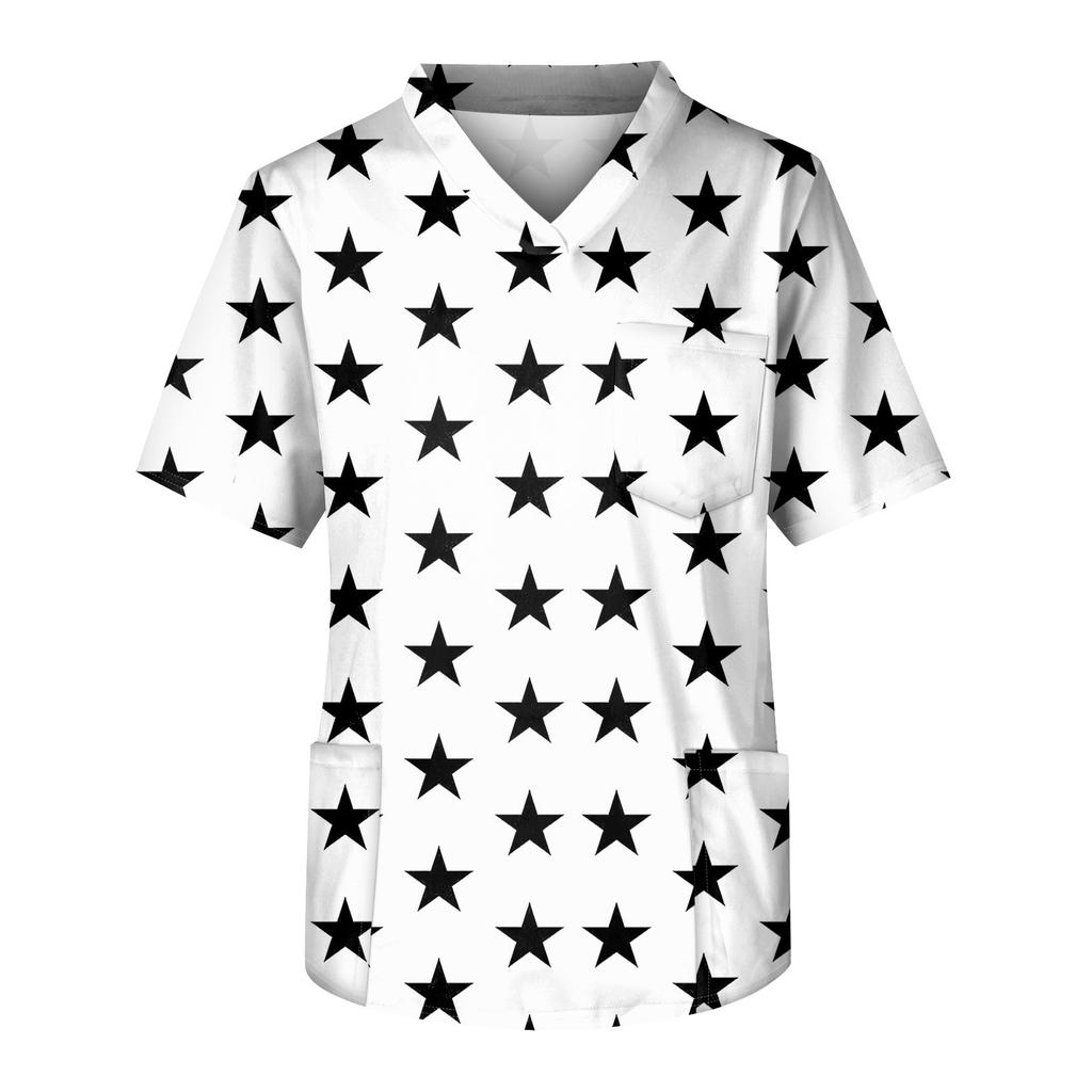 Men's Printing Short Sleeve V-neck Working Blouse Chest Pocket Carer Top
