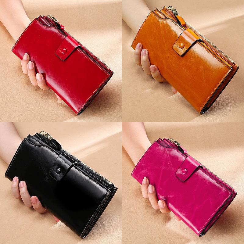 Real Leather Wallet, Ladies' Long Wallet, Anti-theft, Brushed Oil, Wax Leather Multifunctional Wallet, Hand-held Bag