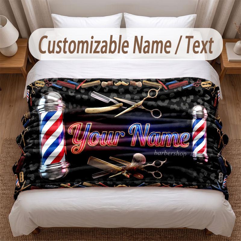 Barber Salon Theme Soft Blanket Personalized Custom Name Text Print Warm Blanket Home Sofa Bedroom Decor