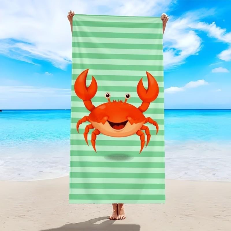 Cute Ocean Animal Beach Towel Large Red Crab on Green Stripes Microfiber Towel for Beach and Pool 50x100cm